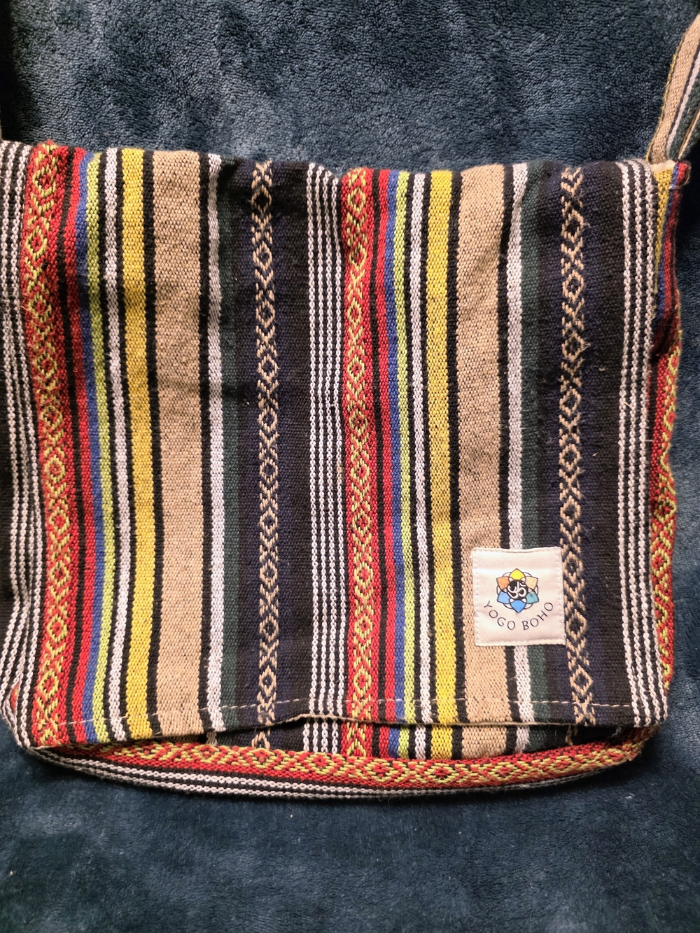 BOHO Striped Canvas Crossbody Bag in Black & Tan with Multicolor Accents